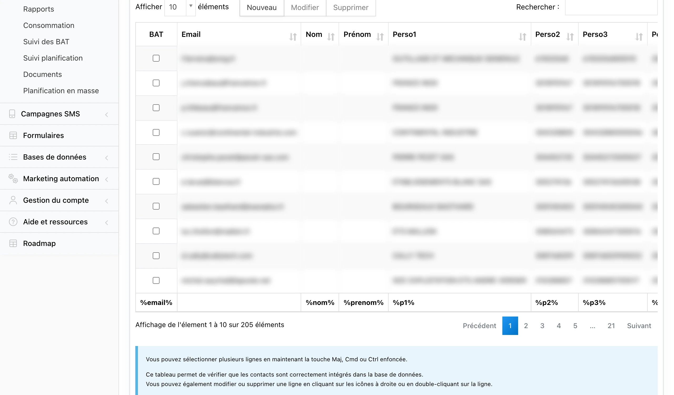 Page « Visualiser » : la dernière ligne (%email%, %nom%, %prenom%, %p1%...) liste les variables de personnalisation à utiliser
