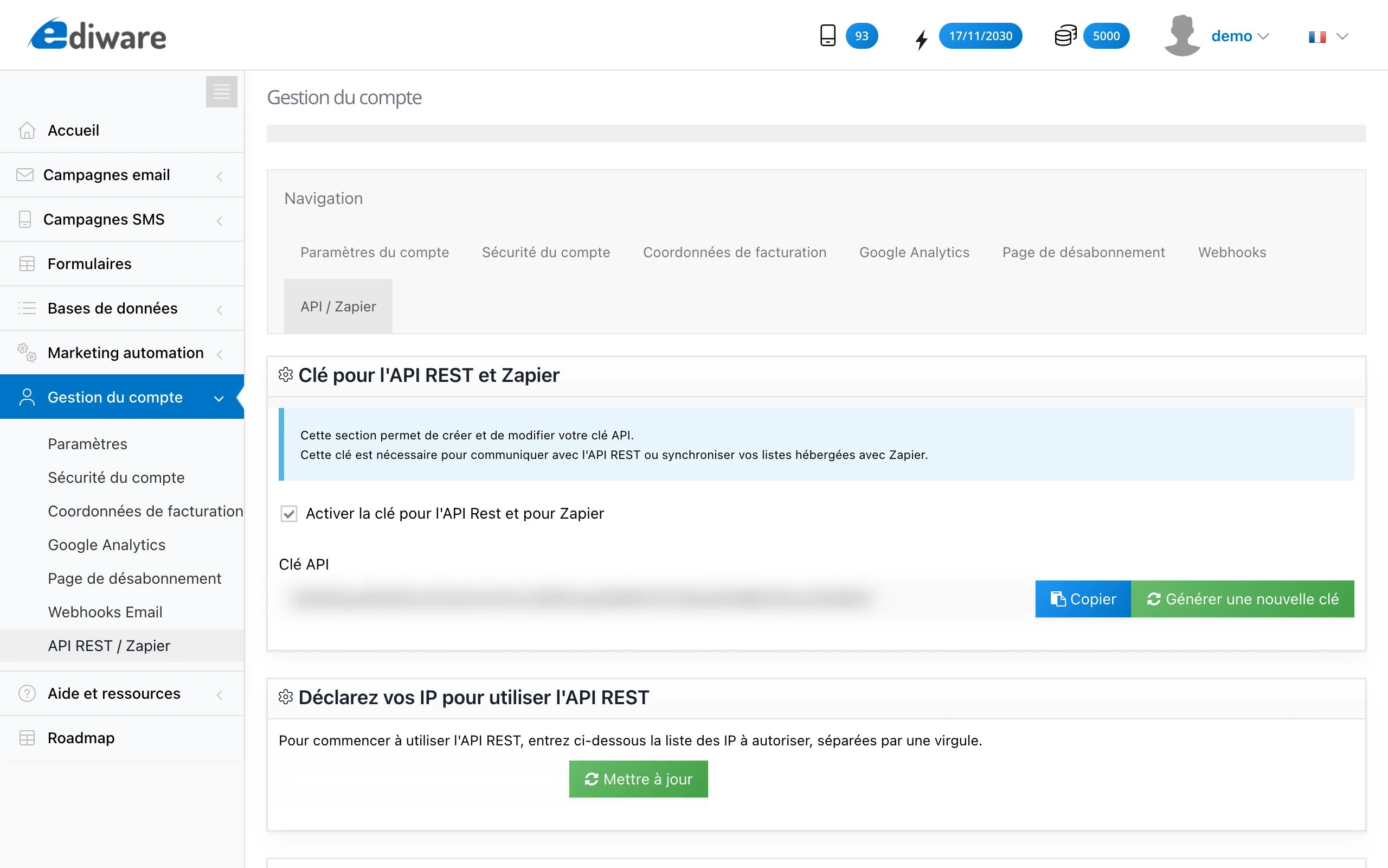 Page Zapier des paramètres : activation et copie de la clé API
